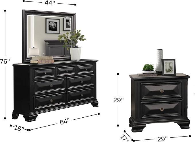 Roundhill Furniture Renova Vintage Black Wood Bedroom Set, Queen Panel Bed, Dresser, Mirror, Two Nightstands