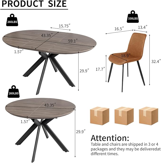 HIPIHOM 43.2"-59.1" Round Extendable Dining Table Set for 4 Metal Legs | Mid century modern oak finish, thickened MDF tabletop, scratch resistant, space saver, for 4-6 people