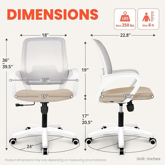 NEO CHAIR Office Desk Ergonomic Computer Mesh Chair with Lumbar Mid Back Support Adjustable Height Swivel Rolling Wheels Comfy Task Vanity Chair for Home Bedroom Study (Beige)