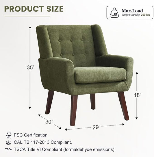 HUIMO Living Room Accent Chair Set of 2, Upholstered Button Tufted Armchair with Wooden Legs, Fabric Sofa Chairs for Bedroom, Living Room, Mid-Century Modern Comfy Reading Chair 2 PCS Green