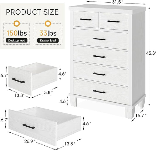 Garvee Dresser for Bedroom with 6 Drawers, 45" Tall White Dressers & Chests of Drawers with Storage, Wooden Storage Organizer Dressers for Closet, Large Drawer Dresser for Living Room, Entryway