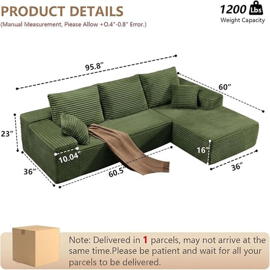 Sectional Couches for Living Room Cloud Couch Sofa with L-Shape Couch in a Box Upholstered Boneless Couchs Modern Modular Sectional Couch with Chaise (Green,B-3 Seater-Right-Facing Chaise-96 inch)