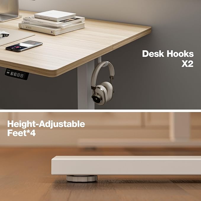 Grandder 63x32 Large Electric Standing Desk, Height Adjustable Computer Desk with 2 Memory Presets, 31.5" Deep Desktop Sit Stand Desk Home Office Desk Workstation Table with Hooks, Light Walnut