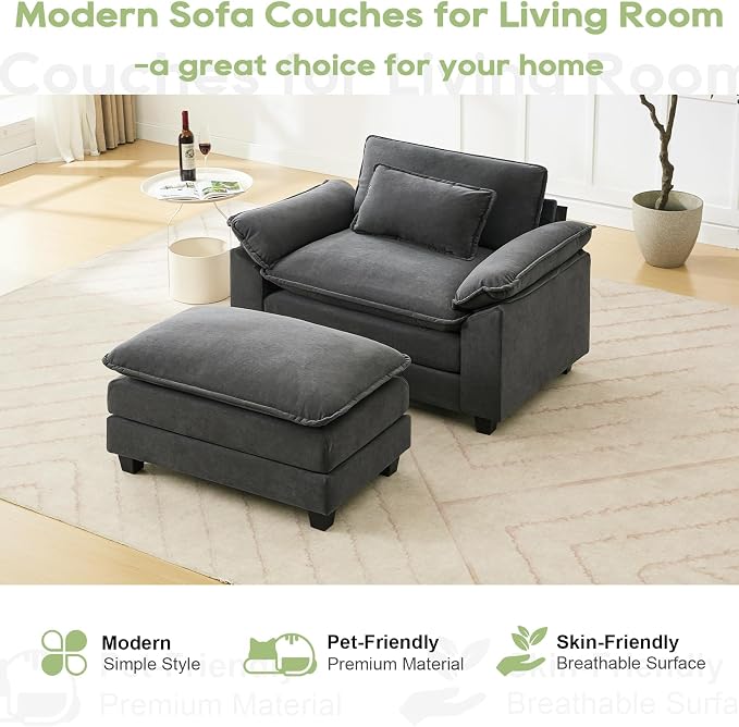 Oprisen 53" Modular Sectional Sofa, Comfy Cloud Couch Sectional Sofa with Ottoman, Velvet Sofa Sleeper Deep Seat Sofa with Throw Pillows for Living Room (Blue Gray)
