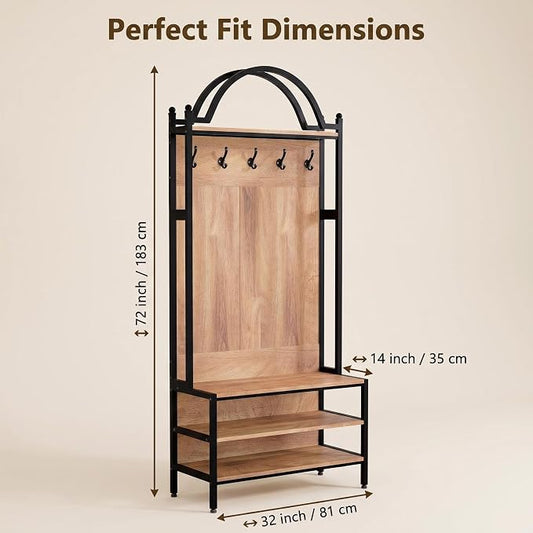 72" Farmhouse Hall Tree with Bench and Shoe Storage, Entryway Coat Rack with 5 Hooks, Arched Hall Tree with Shoe Rack Organizer, Rustic Wood & Metal Frame for Entryway, Mudroom, Foyer