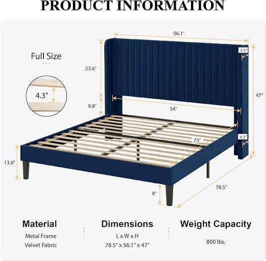 SHA CERLIN Full Size Velvet Bed Frame with Vertical Channel Tufted Wingback Headboard, Upholstered Platform Bed with Wood Slats, No Box Spring Needed, Easy Assembly, Blue