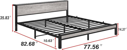 DUMEE King Bed Frame with Wood Storage Headboard, Metal Platform Bed Frames King Size, No Box Spring Needed, Noise Free, Black & Grey