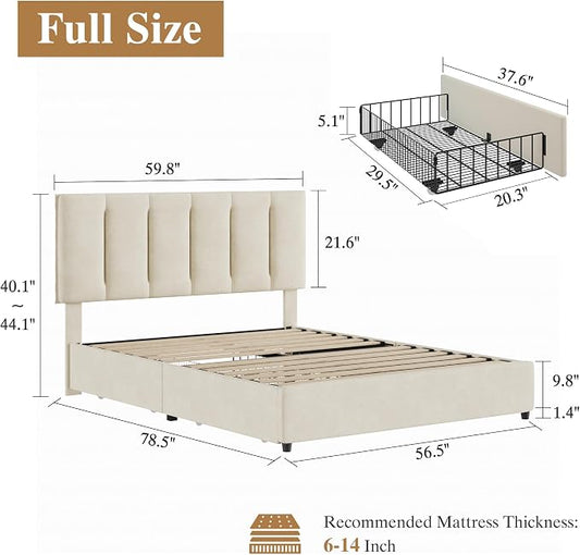 VECELO Full Size Bed Frame with 4 Storage Drawers, Adjustable Height Headboard, Heavy-Duty Platform Bedframe with Strong Wooden Slats, No Box Spring Needed, Pale Beige