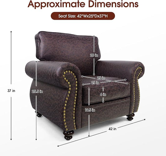 Couchus Vintage Accent Chair with Rivet Decoration, Traditional Upholstered Armchair, Living Room Chair, Rustic Single Sofa Chair for Bedroom, Reading Room & Office (Brown, Single)