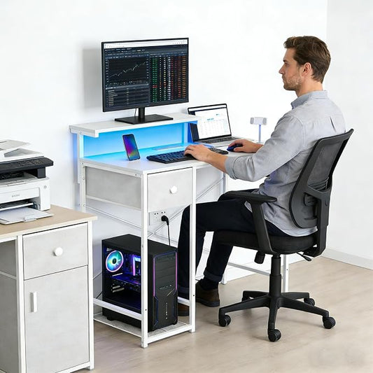 X-cosrack 33.5" Small Computer Desk with Monitor Stand & Outlets, Small Gaming Desk with LED Light & CPU Stand, Teen Study Writing Table with Storage Drawer, Side Hooks for Bedroom, Home Office White