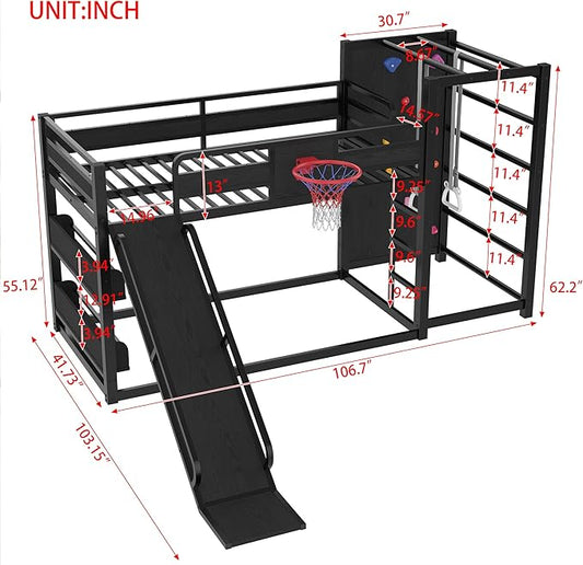 Bellemave Twin Size Bunk Bed with Basketball Hoop, Pull-up Rings and Climbing Wall, Twin Bunk Bed with Slide and Bookcase, Heavy Duty Bunk Beds with Guardrail, Black