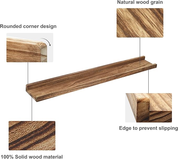 PHOENANCEE Long Floating Shelves 36 Inches Set of 4,Wood Picture Shelf for Wall with Ledge,Photo Frames Display Rustic for Living Room Bedroom Kids Nursery,Home Decor(Carbonized Black,36")
