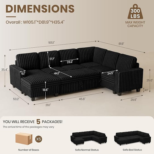 Belffin Corduroy Sleeper Sofa Bed with Storage Chaise Modular Sectional Sofa Couch with Pull Out Bed L Shaped Sectional Couches for Living Room Black Couch