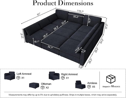 Oversized Modular Sectional Sleeper Sofa Bed Cloud Couches Blue | Deep Seat Couch for Living Room, 9 Seater Luxury Comfortable Sofa with Ottoman, Solid Wood Frame, Removable Washable Cover