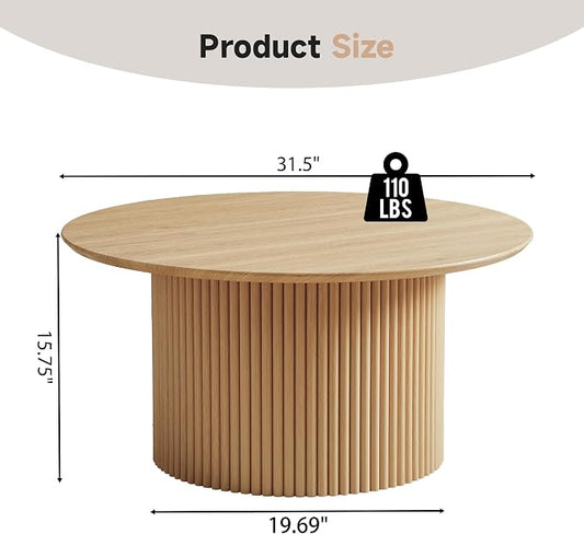 31.5" Round Coffee Table, Modern Fluted Accent Center Table with Metal Frame, Wooden Circle Coffee Tables for Living Room Small Space or Office (Natural)