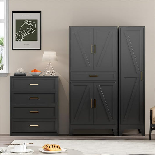COFaR 71" Tall Metal Storage Cabinet with 4 Doors and 4 Adjustable Shelves, 6-Tier Farmhouse Storage Cabinet with Drawers and Legs, for Office, Home, Garage, Gym, School, Living Room, Hallway(Black)