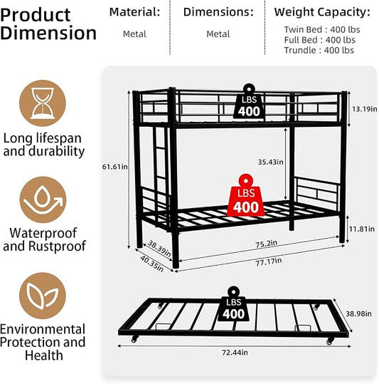3-Way Convertible Twin over Twin Bunk Bed with Trundle, Metal Low Bunkbed for Kids Boys Girls, Guardrail & Ladders, Heavy Duty, No Box Spring Needed, Space-Saving, Easy Assembly (Black, With Trundle)