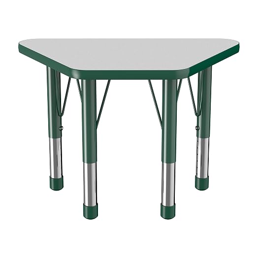 FDP Trapezoid Activity School and Classroom Kids Table (18 x 30 inch), Chunky Toddler Legs for Collaborative Seating Environments, Adjustable Height 15-24 inches - Gray Top and Green Edge