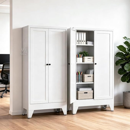 Metal Pantry Cabinet, Kitchen Pantry Storage Cabinets with 2 Doors and 3 Adjustable Shelves, White Kitchen Pantry Cabinet for Dining Room, Living Room, Assemble Required (White)