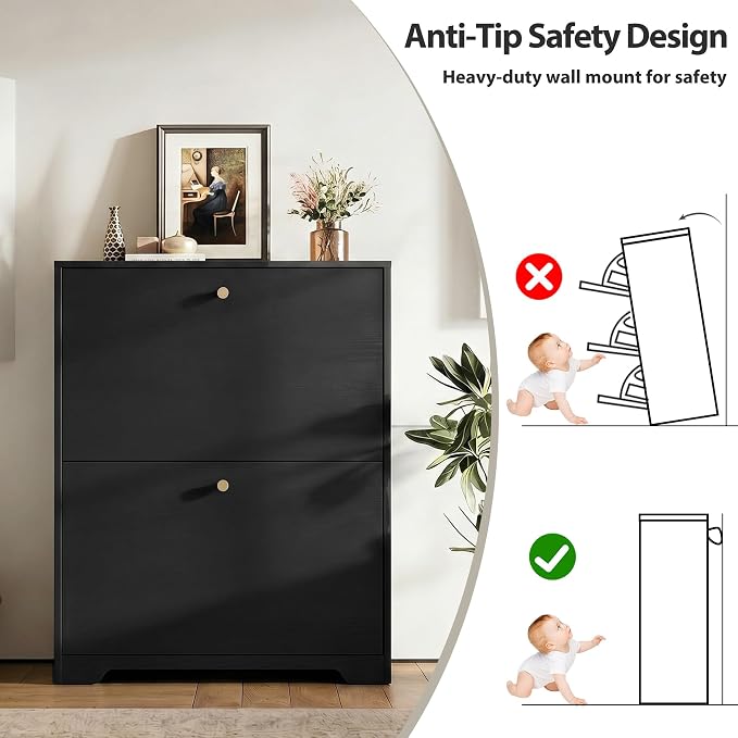 Nicetree Shoe Cabinet with 2 Flip Drawers, Narrow Shoe Organizer Cabinet, Freestanding Shoe Rack Cabinet, Modern Shoe Storage Cabinet for Entryway, Hallway, Foyer, Black with Hook