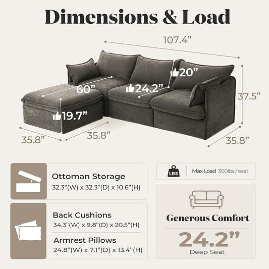 Cloud Modular Sectional Sofa, Oversized Deep Seat Comfort, Luxe Chenille | Fully Removable Washable Covers, Memory Foam Seat Cushions, Storage Ottoman, Premium Fabric