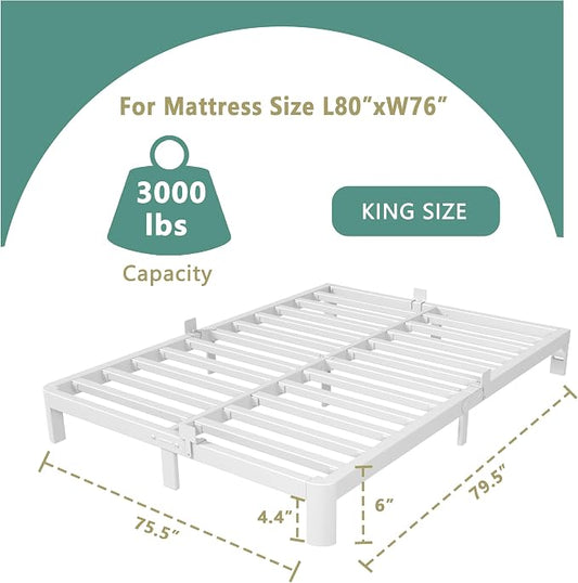ITIMIDI 6 Inch King Size White Bed Frame with Metal Gaskets,Metal King Bed Frame Platform, No Box Spring Needed, Heavy Duty Steel Support 3500 LBS, Anti-Slip Mattress Stopper, Easy Assembly