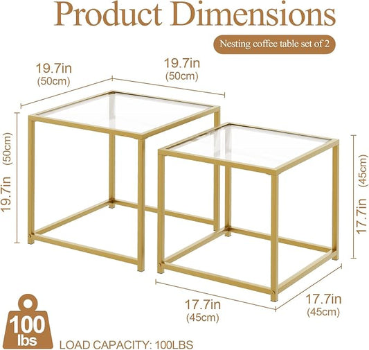 Garden 4 you Coffee Table Set of 2, Modern Glass Nesting Table, Metal Frame Square Center Table Set, Side Tables, Nesting Coffee Table for Living Room, Bedroom and Small Spaces, 19.7in Gold
