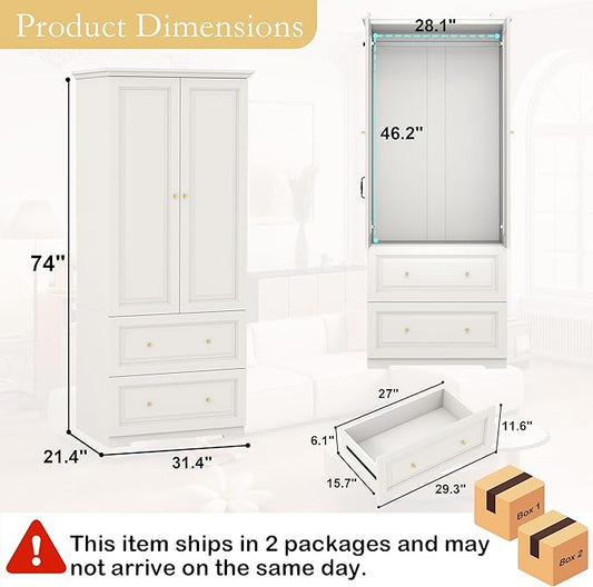 White Wardrobe with 2 Drawers: 74" Wooden Wardrobe Closet for Hanging Clothes, Tall Armoire Closet with 2 Doors, Bedroom Armoires with Hanging Rod (32")
