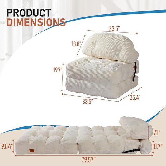 Folding Sofa Bed, Convertible Chair Bed with Back Support and Pillow Futon,Foldable Boneless Chair for Living Room/Guest Use/Home Office, Foldable Couch for Adults, Beige