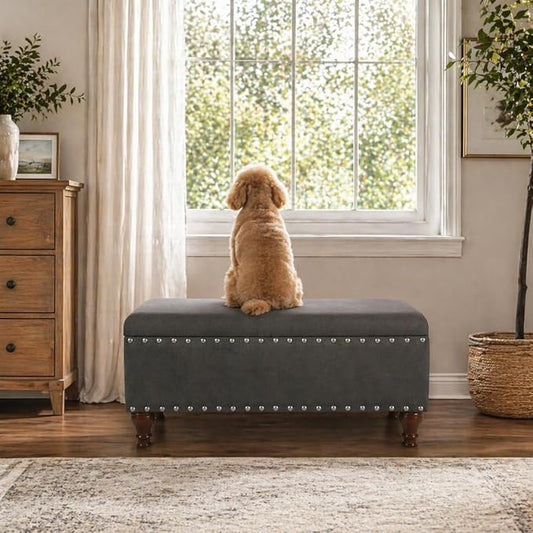 HomePop Large Storage Bench with Nailhead Trim - Charcoal