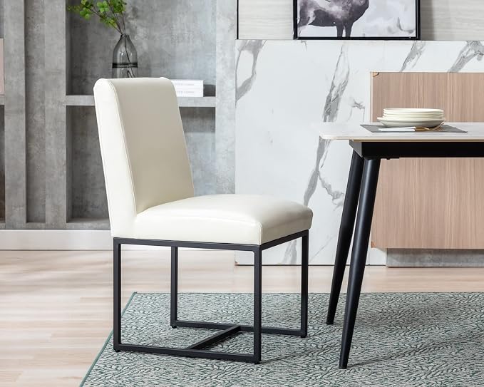 CIMOTA Cream Leather Dining Chairs Set of 4, Modern Dining Room Chairs Upholstered Armless Guest Side Chair with Black Base for Dining Room/Kitchen, Cream White 4PCS