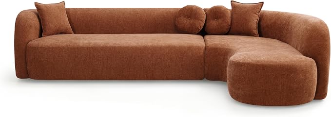 Curved Sectional Sofa with Chaise, 128" Oversized Cloud Couch, Chenille Fabric, High-Density Foam, Deep Seating, No Assembly, L-Shaped Sectional, Modern Living Room Sofa, Burnt Orange