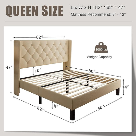 Einhomn Queen Size Platform Bed Frame with Fabric Upholstered Wingback Headboard, 11" Under Bed Space, Wooden & Metal Slats Support, No Box Spring Needed, Beige