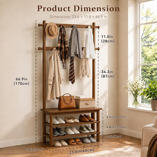 Hall Tree, 3-in-1 Entryway Bench with Coat Rack, 11 Hooks and 2-Tier Hall Tree with Shoe Storage Bench, Solid Wood Coat Rack Freestanding, 27.2" Long