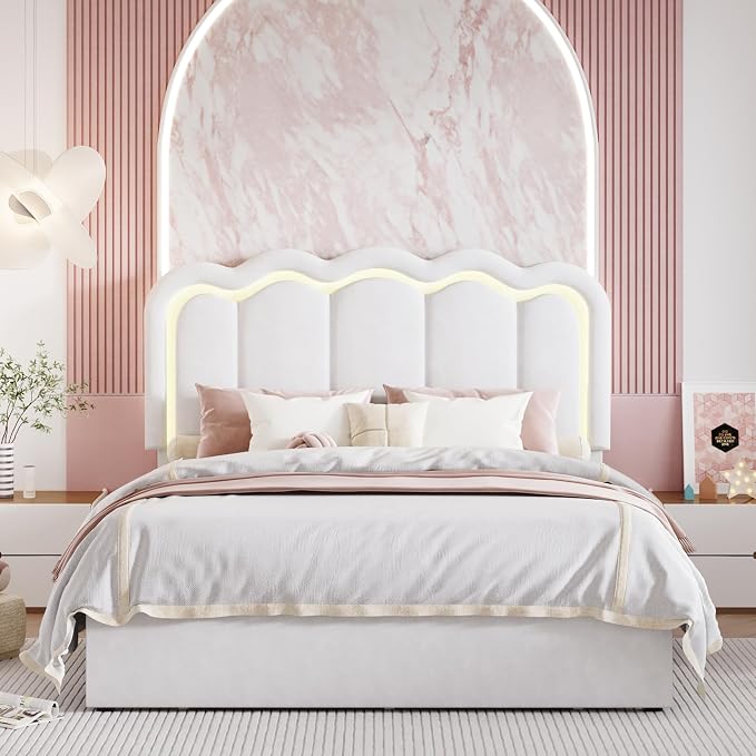 SHA CERLIN Upholstered Full Size Bed Frame with LED Lights and Large Storage Drawer, Velvet Platform Bed with Adjustable Wavy Headboard, Noise Free, Easy Assembly, No Box Spring Needed, Soft White