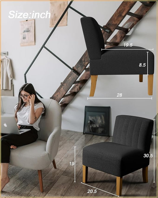 VIRRMO Armless Accent Chairs for Living Room, Modern Slipper Chair Living Room Chairs with Solid Wood Legs, Makeup Vanity Chair Fabric Comfy Upholstered Arm Chair Accent Chair Side Chair,Black