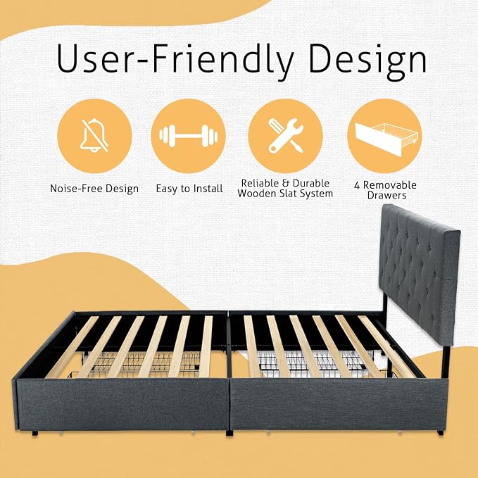 SHA CERLIN Upholstered King Size Platform Bed Frame with 4 Storage Drawers, Adjustable Headboard with Diamond Stitched Button Tufted Design, Wooden Slat Support, No Box Spring Needed, Dark Grey