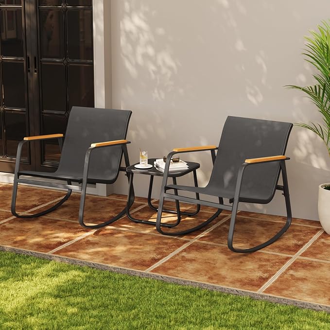 Aiho 3 Piece Rocking Bistro Set, Textilene Fabric Patio Furniture Set, Front Porch Rocker Chairs with Coffee Table for Lawn, Garden, Balcony, Poolside (Black)