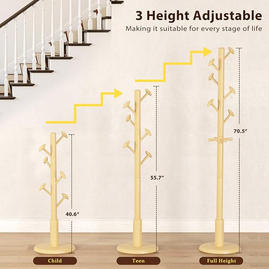 Taitiy Solid Wood Coat Rack Freestanding Coat Tree with 10 Hooks for Bedroom, Livingroom, Entryway, Sturdy Coat Hanger Stand for Hats, Coats, Scarves, Handbags, Purses