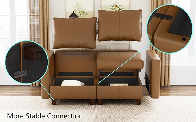 EASE MOOSE Faux Leather Sectional, Large Faux Leather Modular Sofa Couch U Shaped Sectional Couch with Storage Ottomans, Brown