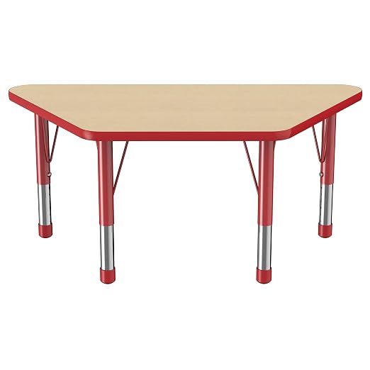 FDP Trapezoid Activity School and Classroom Kids Table (24 x 48 inch), Chunky Toddler Legs for Collaborative Seating Environments, Adjustable Height 15-24 inches - Maple Top and Red Edge