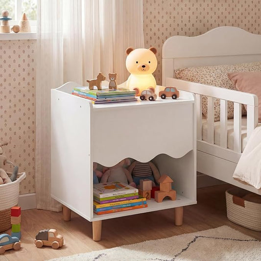 Costzon Nightstand, Kids Scalloped Side Table w/Wide Top, Large Storage Compartment & Solid Rubber Wood Legs, Wooden End Table for Children's Play Room, Bedroom, Living Room (White)