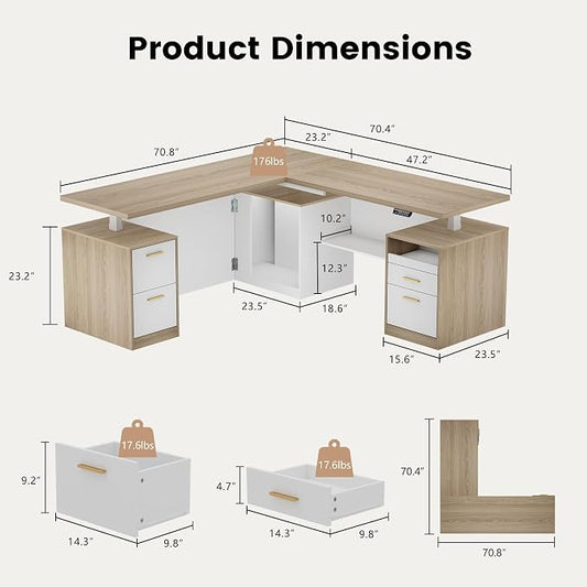 ModernMate 71" L-Shaped Electric Standing Desk with 5 Drawers, One-Piece Height Adjustable Executive Stand Up Desk, AC/USB & Privacy Panel, Home Office Workstation with Storage, Light Walnut