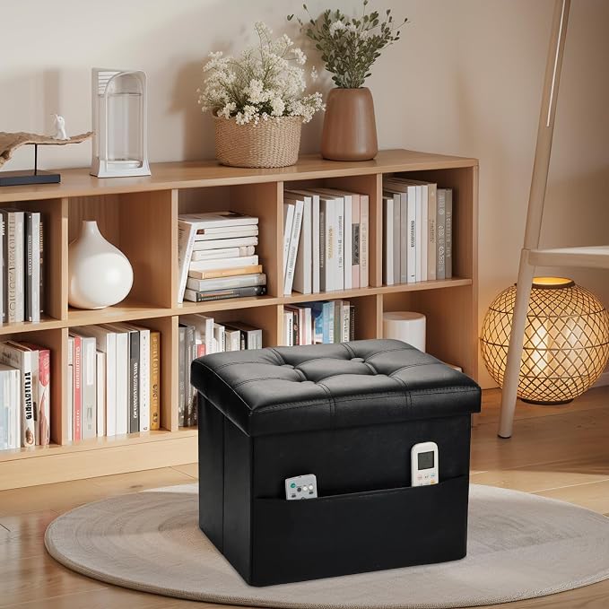 Bsketa Storage Ottoman Foot Rest Stool, Small Leather Storage Ottomans Bench, Folding Footstool with Side Pockets, Foot Rest Under Desk for Living Room Bedroom, 16x12x12 in, Black