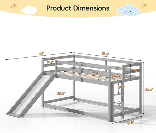 Bunk Bed with Slide, Wooden Bed Frame for Kids, Low Loft Bunk Bed Twin Over Twin with Ladders, Safety Guardrails for Kids, Toddlers, Boys, Girls, Teens, Bedroom (Grey)