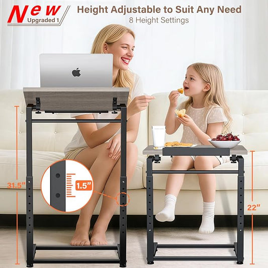 Tv Tray Table Set of 2, 8-Level Adjustable Height Couch Side Table,90° Tilt Angle Adjustments C-Shaped End Table, with Phone & Tablet Slot Computer Desk for Sofa, Bed, Chair, Living Room(Lvory Gray)