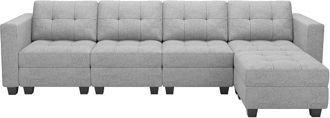 Belffin Light Grey L Shape 5-Seat Modular Sectional Sofa with Storage, Reversible Chaise, Adjustable Backrest, Cotton & Polyester