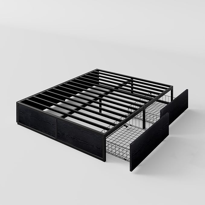 SHA CERLIN Full Platform Bed Frame with 2 Large Storage Drawers - Heavy Duty Metal & Rustic Wood, Noise-Free, No Box Spring Needed, Black