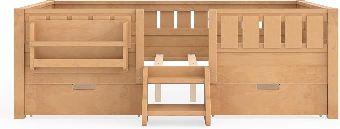Bellemave Full Floor Bed with Stairs, Rails and Slats, Full Size Montessori Floor Bed with Bookshelf and 2 Storage Drawers, Easy Assemble Montessori Beds Frame for Girls, Boys, Deep Natural