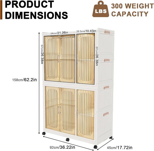 Portable Wardrobe Closet Organizer, Large Kids Wardrobe Closet with Magnetic Doors and Wheels, Collapsible Plastic Baby Clothes Storage Cabinet, 4 Cubes and 2 Wardrobes (17.7"D x 36.2"W x 62.2"H)